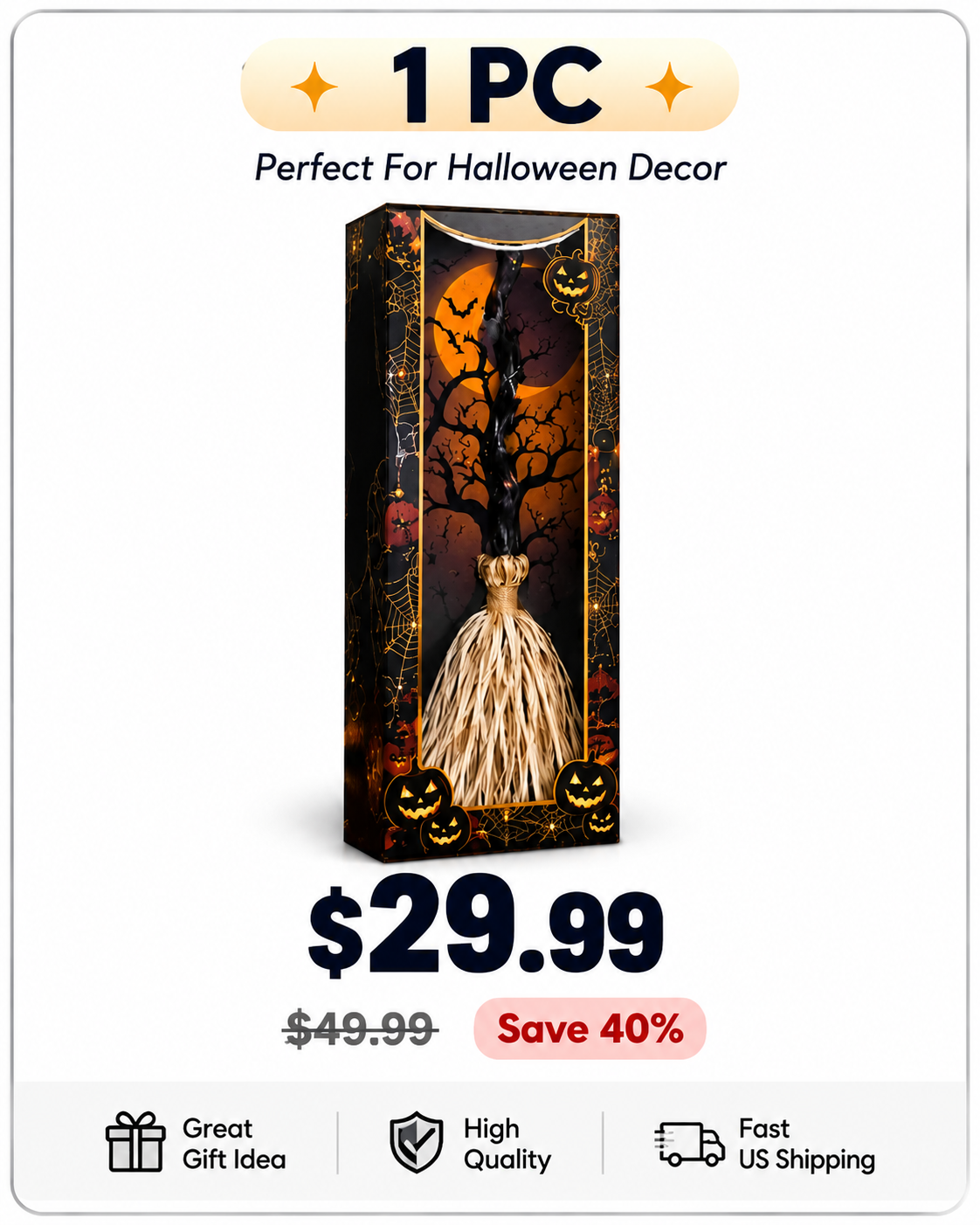 🧙‍♀️🧹Animated Moving Witch Broom with Light & Sound